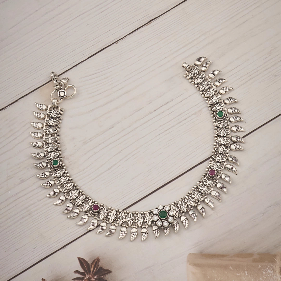 SILVER LEAF EMERALD ANKLET