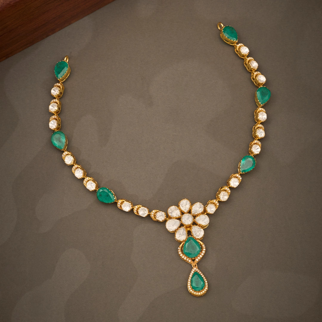 EMERALD POLKI FLORAL NECKLACE SET
