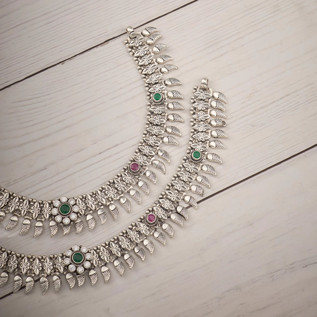 SILVER LEAF EMERALD ANKLET
