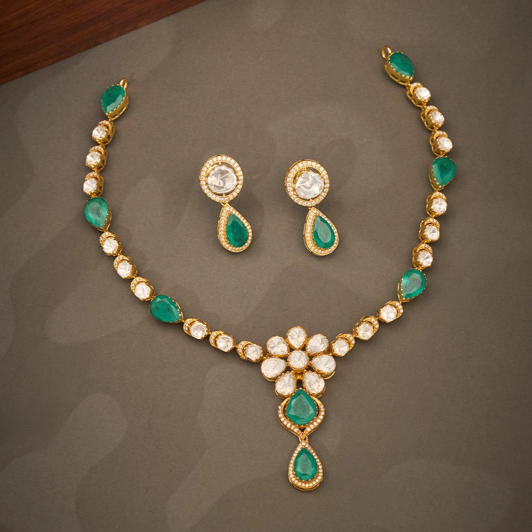 EMERALD POLKI FLORAL NECKLACE SET
