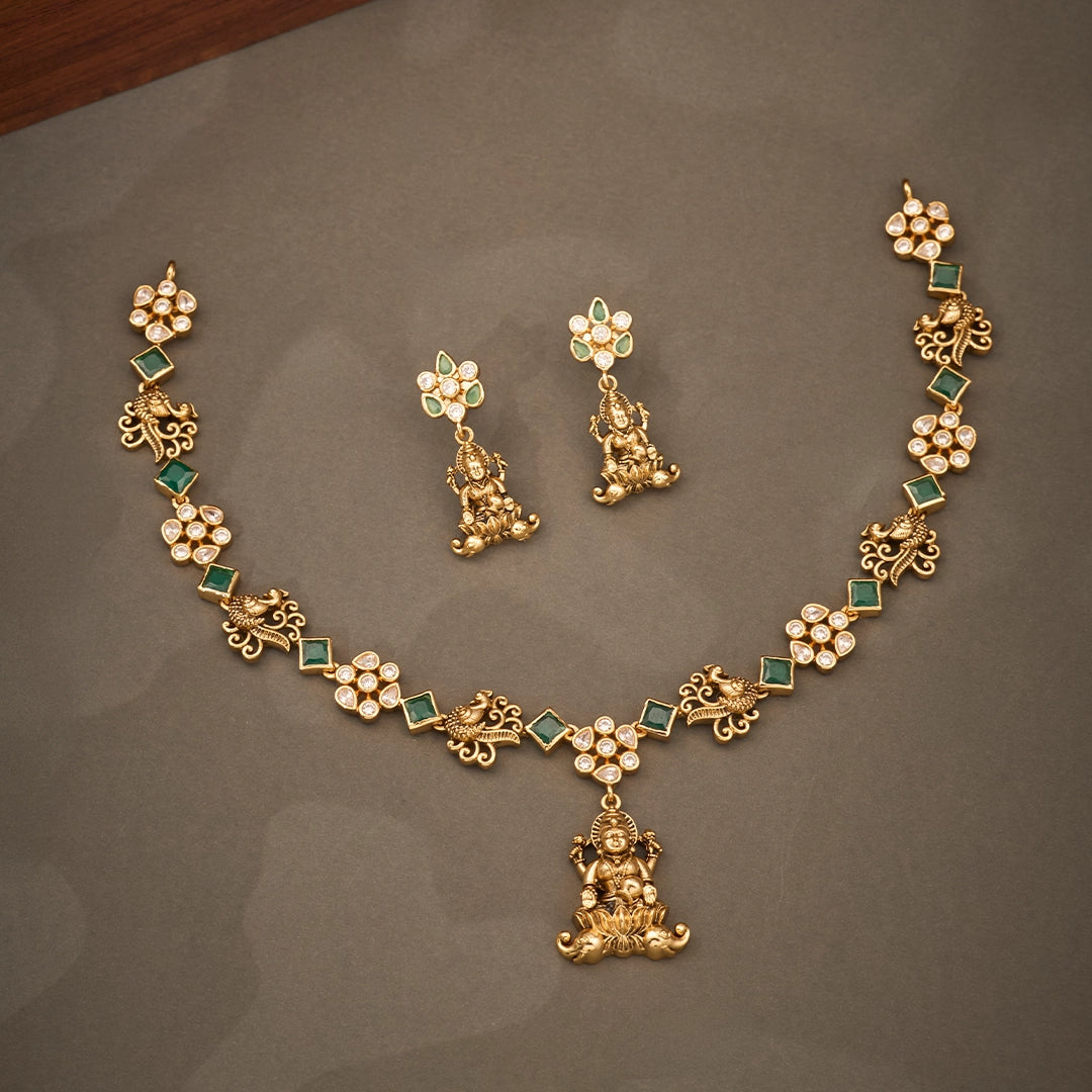 LAKSHMI GREEN STONE TEMPLE NECKLACE SET