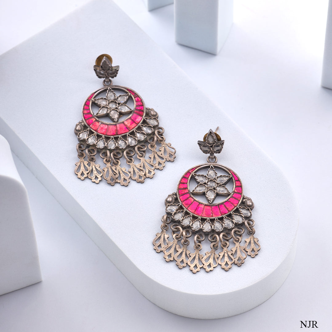 PINK STONE OXIDISED EARRINGS