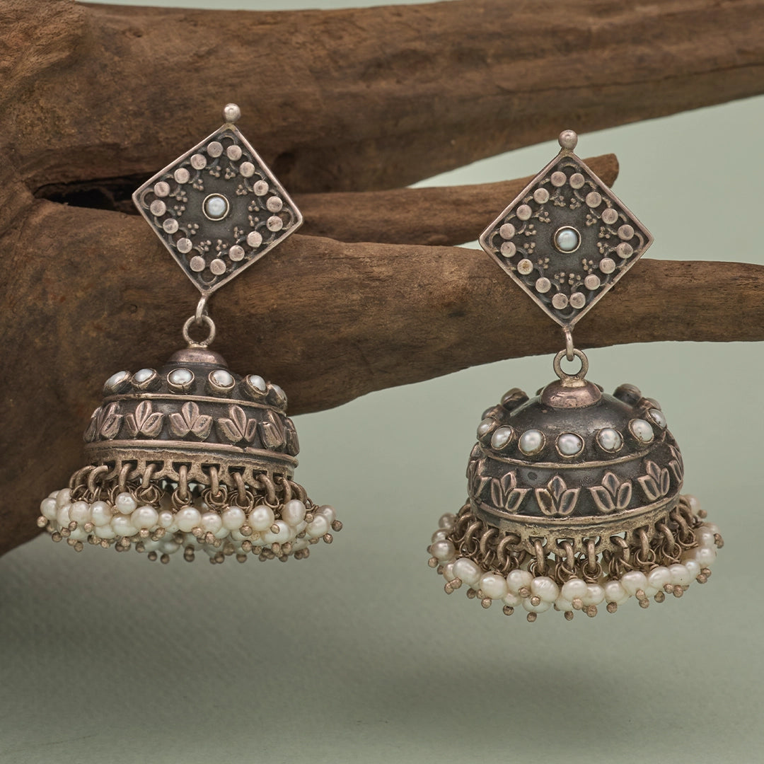 ROYAL PEARL OXIDISED SILVER JHUMKAS