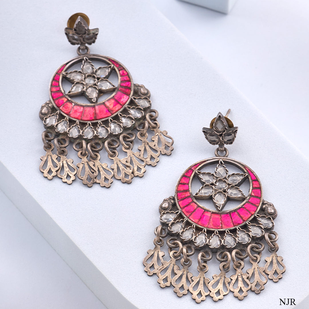 PINK STONE OXIDISED EARRINGS