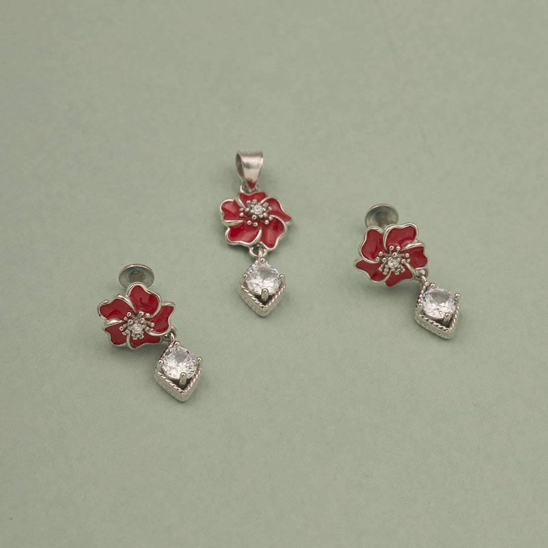 RED BLOSSOM CZ SILVER PENDANT SET