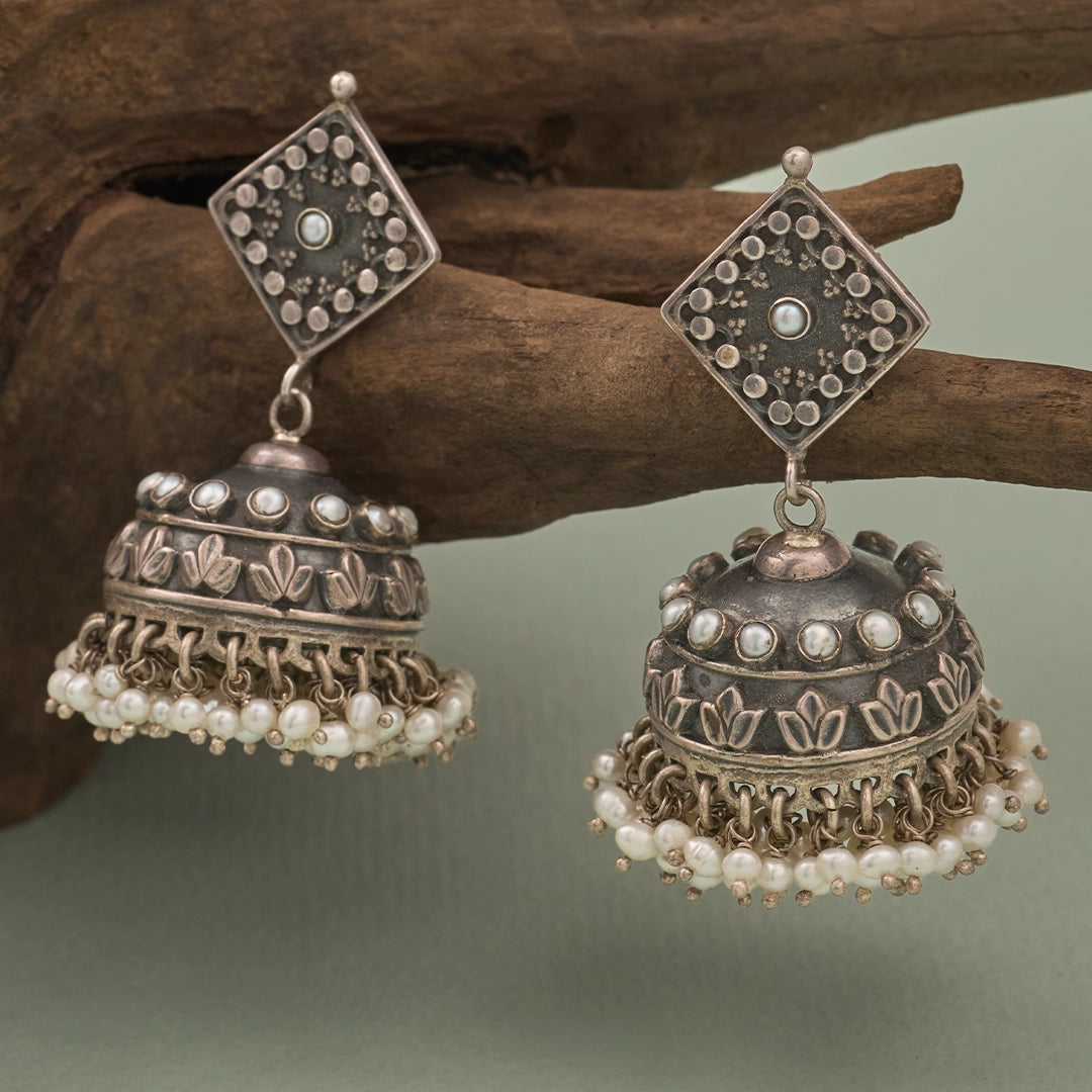 ROYAL PEARL OXIDISED SILVER JHUMKAS