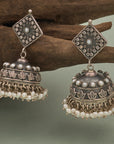 ROYAL PEARL OXIDISED SILVER JHUMKAS