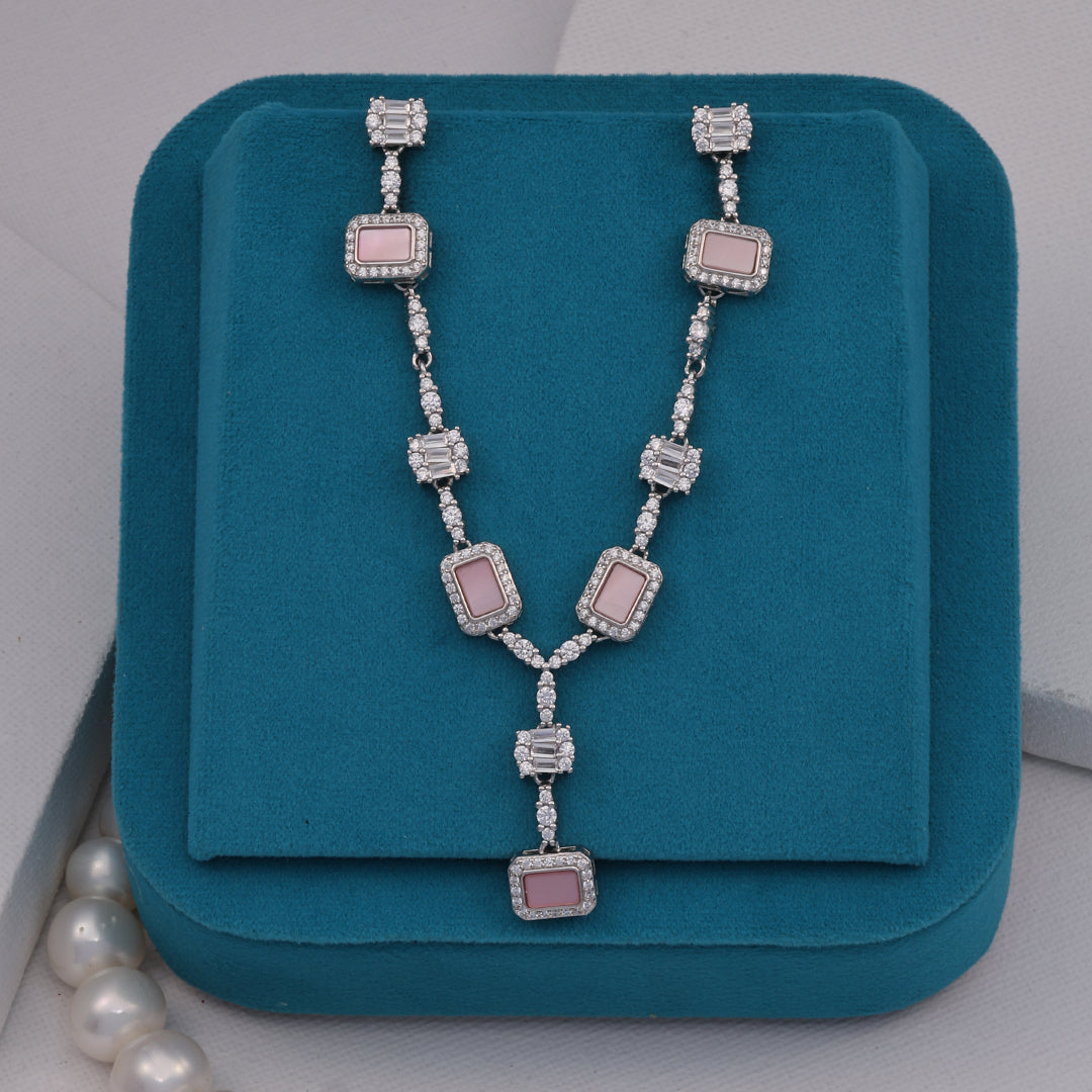 SILVER PINK STONE EARRINGS WITH NECK CHAIN