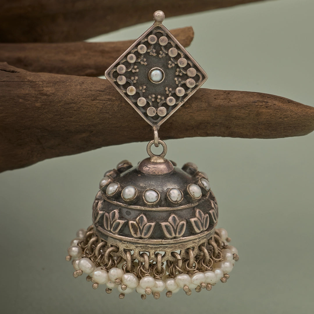 ROYAL PEARL OXIDISED SILVER JHUMKAS