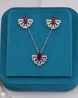 SILVER RED AND WHITE STONE EARRINGS WITH NECK CHAIN