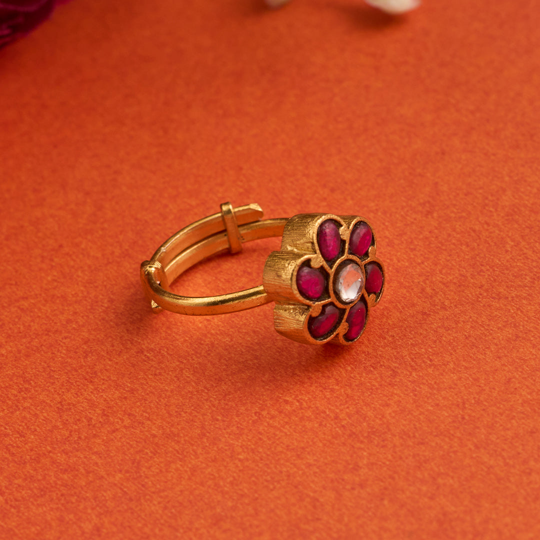 PINK FLORAL KUNDAN RING