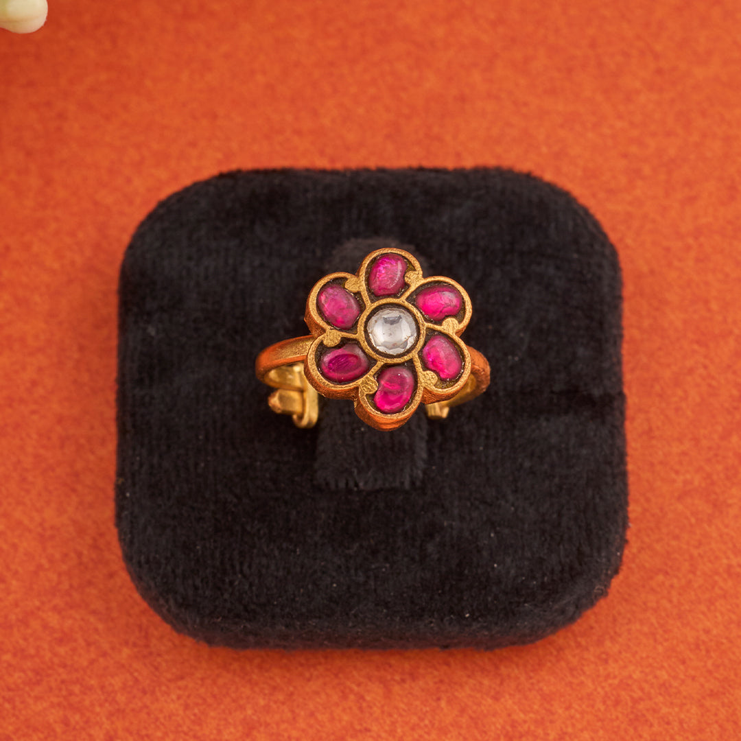 PINK FLORAL KUNDAN RING