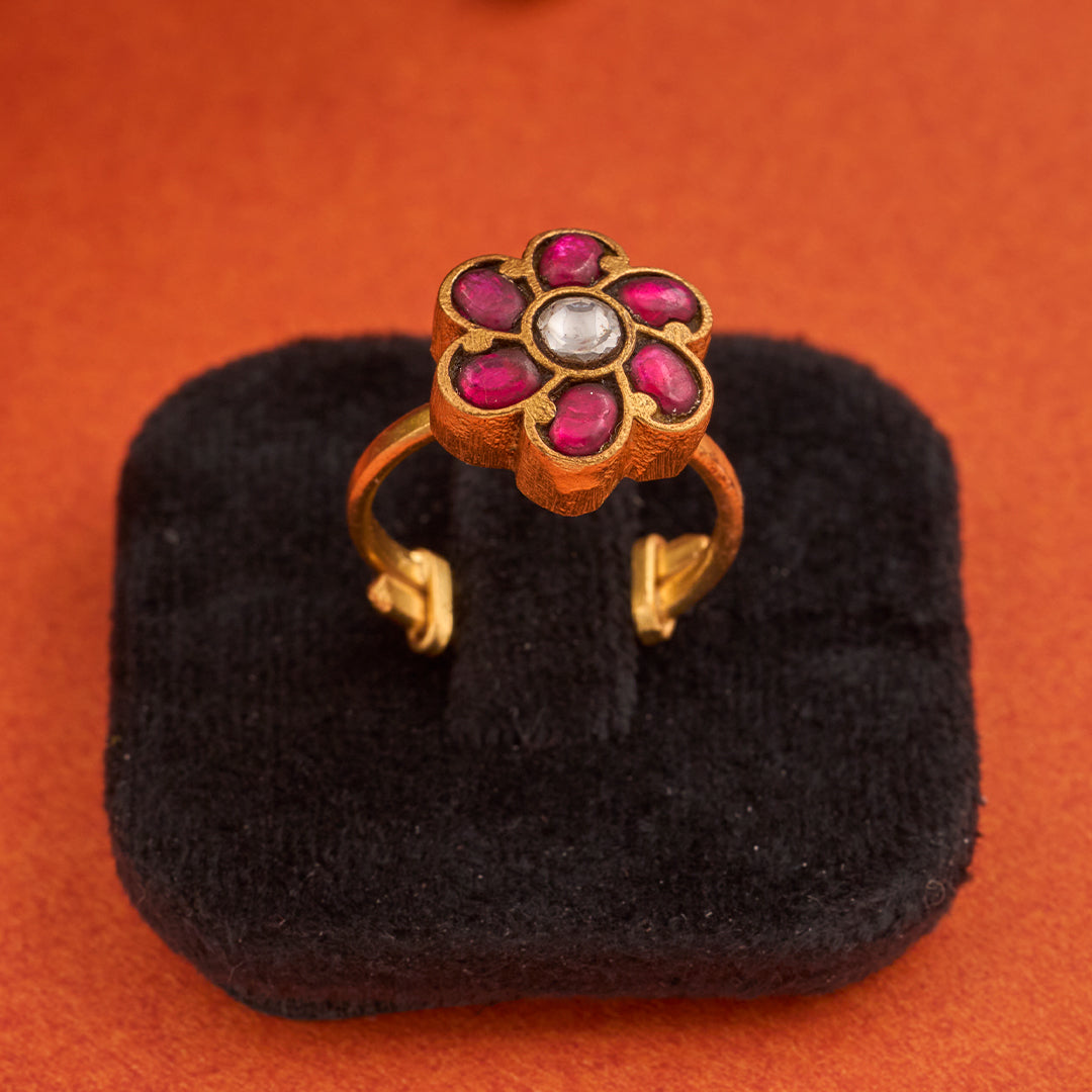 PINK FLORAL KUNDAN RING