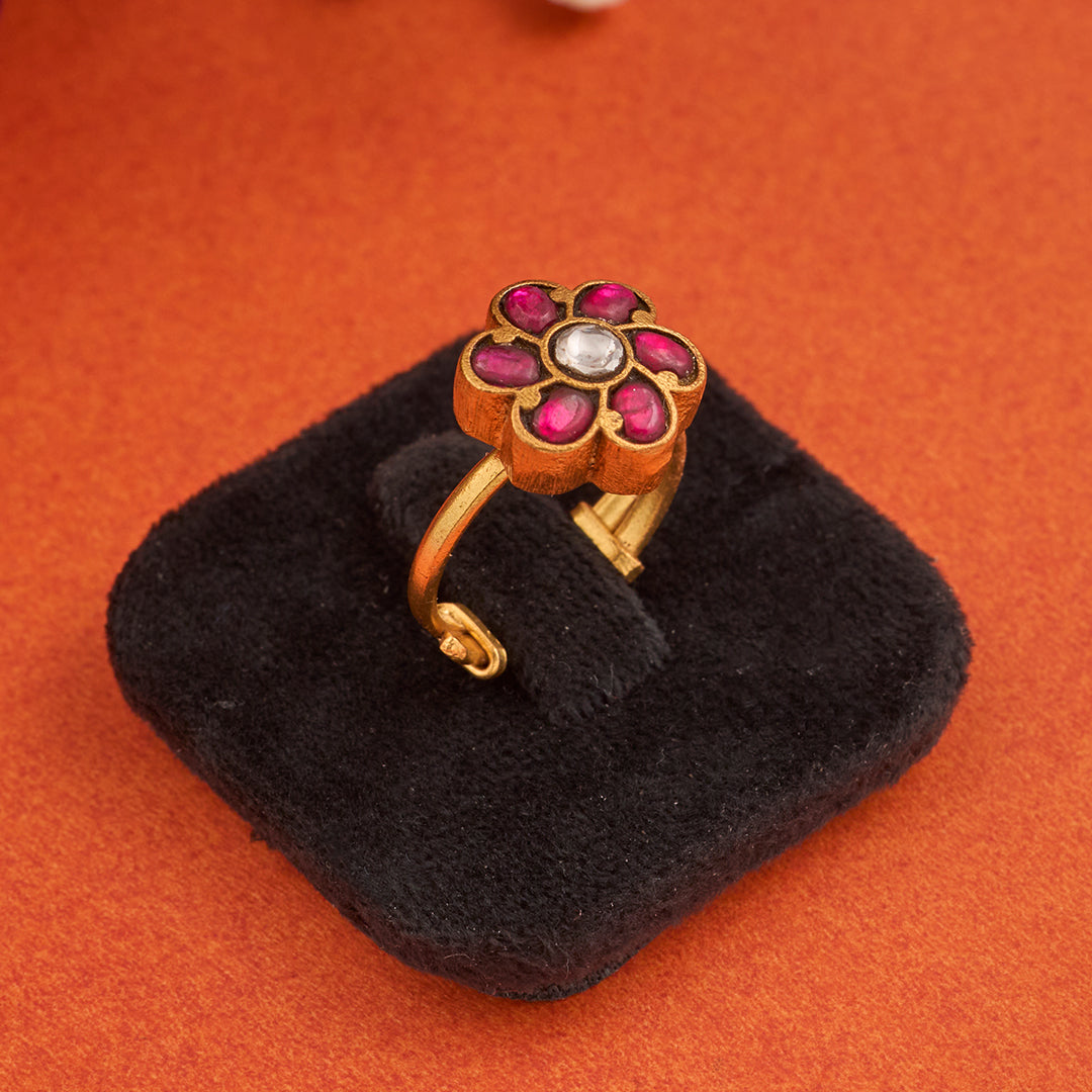 PINK FLORAL KUNDAN RING