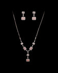 SILVER PINK STONE EARRINGS WITH NECK CHAIN