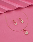 SILVER ROSE GOLD LOCK DESIGN EARRINGS WITH NECK CHAIN